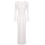 Long sleeved ribbon long skirt round neck dress Party Dress BD2570