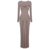 Long sleeved ribbon long skirt round neck dress Party Dress BD2570