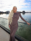 Long sleeved ribbon long skirt round neck dress Party Dress BD2570