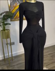 Long sleeved round neck tight fitting temperament long dress S-8794