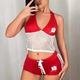 Hanging neck and backless printed vest, low waist and hip lifting shorts set