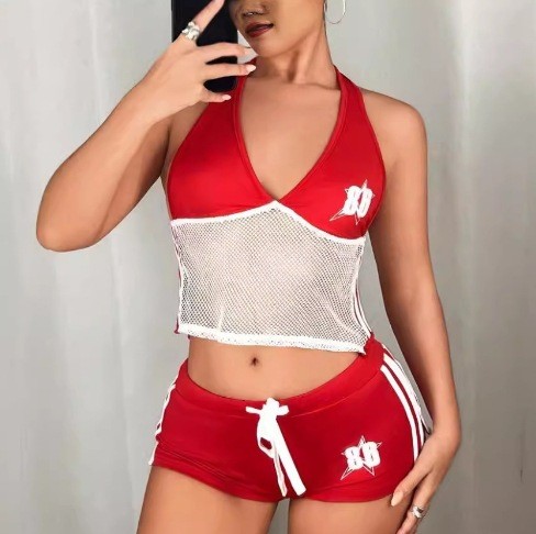 Hanging neck and backless printed vest, low waist and hip lifting shorts set