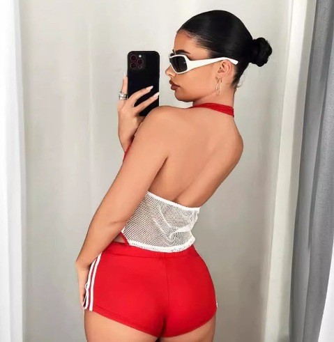Hanging neck and backless printed vest, low waist and hip lifting shorts set