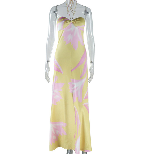 Hanging neck digital printed sleeveless headband backless A-line skirt
