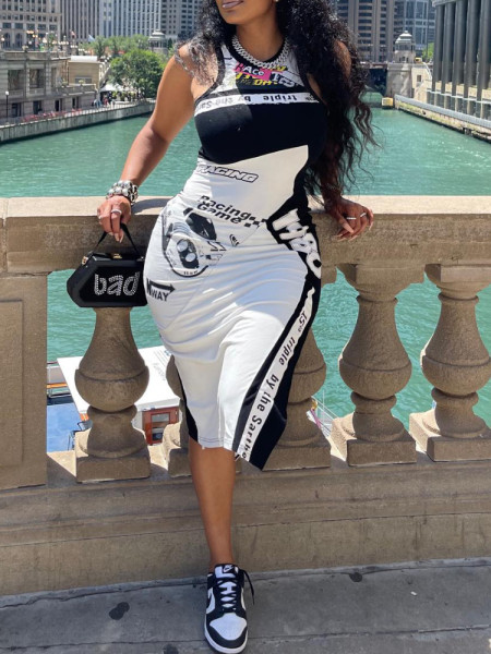 Motorcycle style digital printed vest tight dress