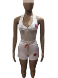 Hanging neck and backless printed vest, low waist and hip lifting shorts set