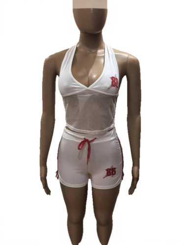 Hanging neck and backless printed vest, low waist and hip lifting shorts set