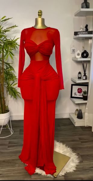 Long sleeved round neck tight fitting temperament long dress S-8794