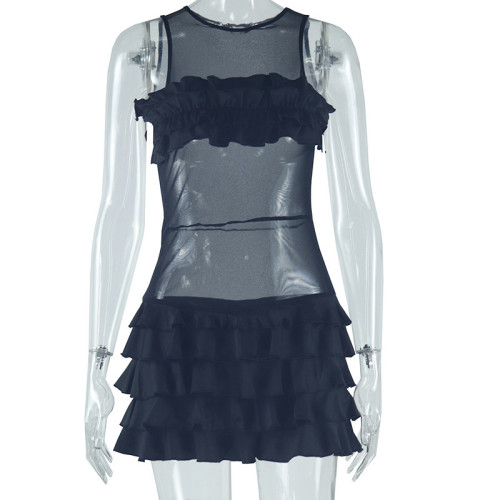 Round neck pleated flower strapless skirt with pleated skirt