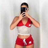Hanging neck and backless printed vest, low waist and hip lifting shorts set