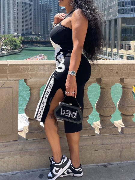 Motorcycle style digital printed vest tight dress