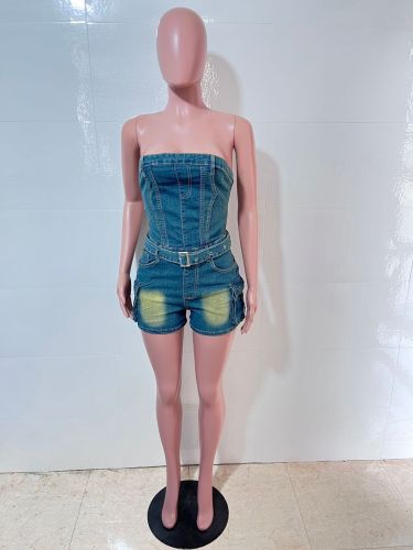 High stretch washed denim strapless one shoulder jumpsuit