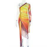 Folded color blocked slit irregular skirt with slanted collar, single shoulder long sleeved dress