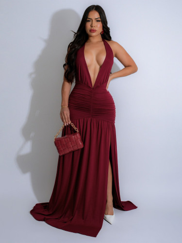 Hanging neck V-neck long skirt with slit and pleated backless dress