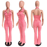 High stretch backless lapel workwear pants jumpsuit