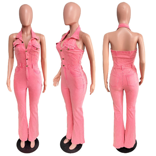 High stretch backless lapel workwear pants jumpsuit