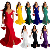 V-neck sleeveless slit fishtail skirt