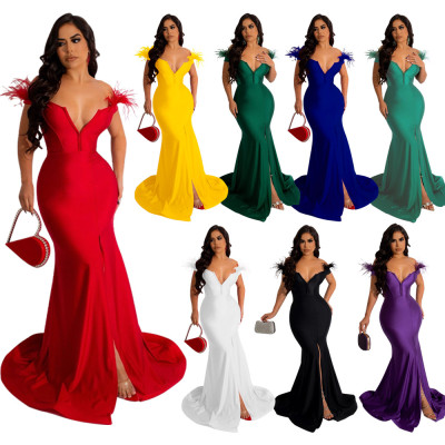 V-neck sleeveless slit fishtail skirt