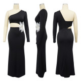 Single shoulder long sleeved dress with flower studded beads evening gown
