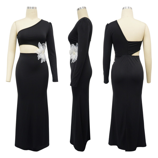 Single shoulder long sleeved dress with flower studded beads evening gown