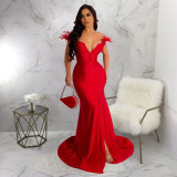 V-neck sleeveless slit fishtail skirt