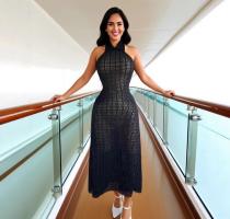 Hollow neck tie, backless knit sweater, jumpsuit