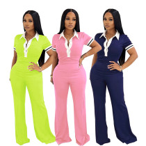 Polo collar top, high waist, wide leg pants, contrasting color two-piece set