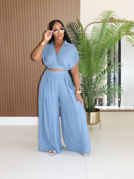 Collar short top high waist wide leg pants set