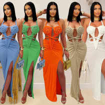 Knitted neck hanging backless solid color dress