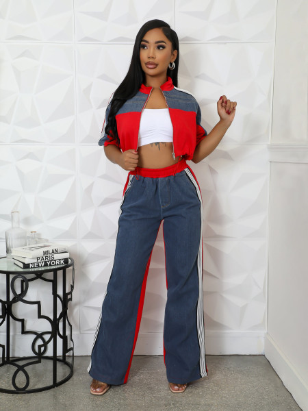 Cowboy patchwork color stand up collar zipper top wide leg pants two-piece set