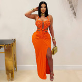Knitted neck hanging backless solid color dress