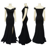 V-neck sleeveless slit fishtail skirt