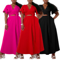 Solid color flared sleeve V-neck split two-piece set