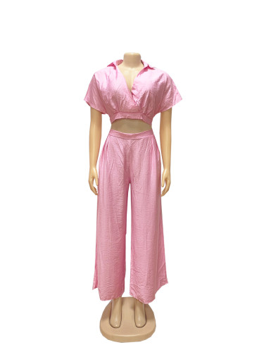 Collar short top high waist wide leg pants set