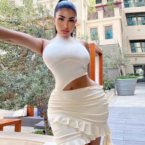 Sleeveless dress with high neck, pullover, and hip hugging skirt