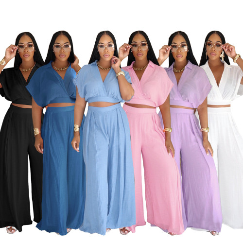 Collar short top high waist wide leg pants set