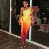 Folded color blocked slit irregular skirt with slanted collar, single shoulder long sleeved dress