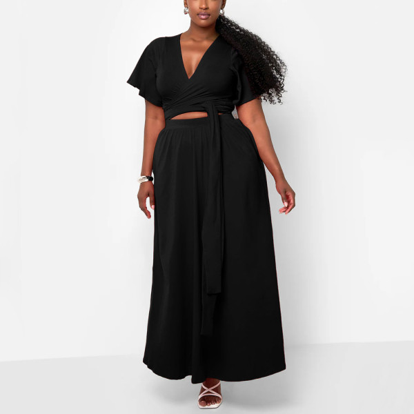 Solid color flared sleeve V-neck split two-piece set