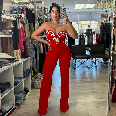 Strapless camisole V-neck offset printed zipper loose micro flared jumpsuit