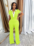 Polo collar top, high waist, wide leg pants, contrasting color two-piece set
