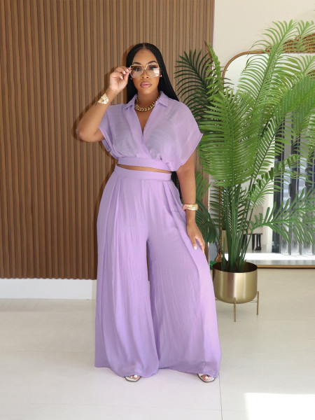 Collar short top high waist wide leg pants set