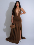 Hanging neck V-neck long skirt with slit and pleated backless dress