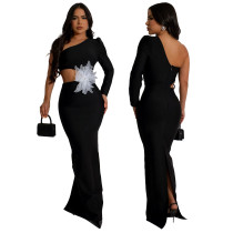 Single shoulder long sleeved dress with flower studded beads evening gown