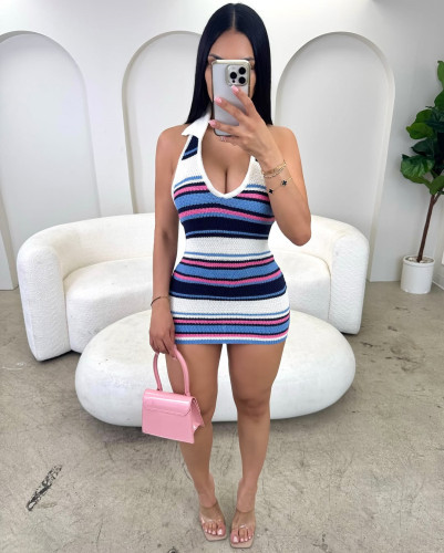 Shirt collar color woven sleeveless backless jumpsuit, hip hugging skirt