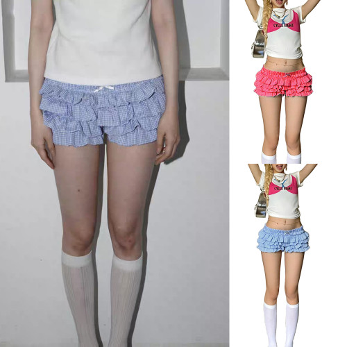 Low waisted multi-layer wavy lace checkered cake shorts