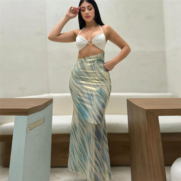 Bright color neck tie, hip hugging suspender dress