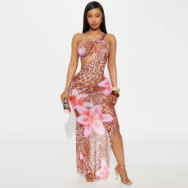 Slant neck hollowed out see through mesh printed dress