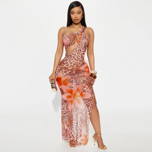 Slant neck hollowed out see through mesh printed dress