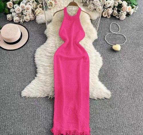 Hanging neck, exposed back, high waist, hip hugging, tassel knit dress