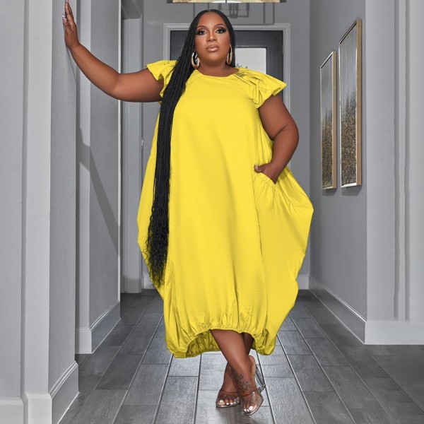 Large size double pocket loose dress